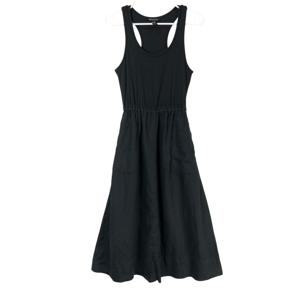 Athleta Black Baja Linen Midi Dress S Pullover Scoop Sleeveless Racerback